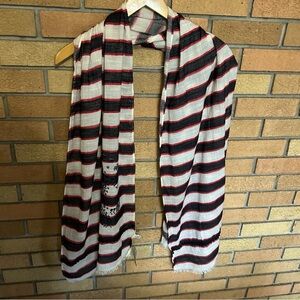 NWT LOFT Embroidered Black Red & White Striped Scarf 70x24”